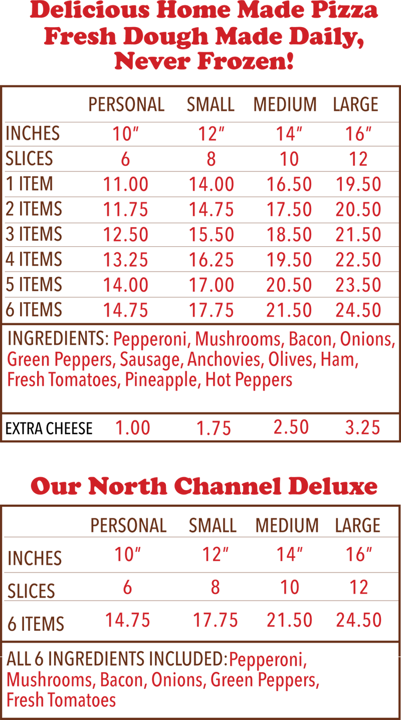 Takeout Home Made Pizza Spanish, Ontario North Channel Pizza